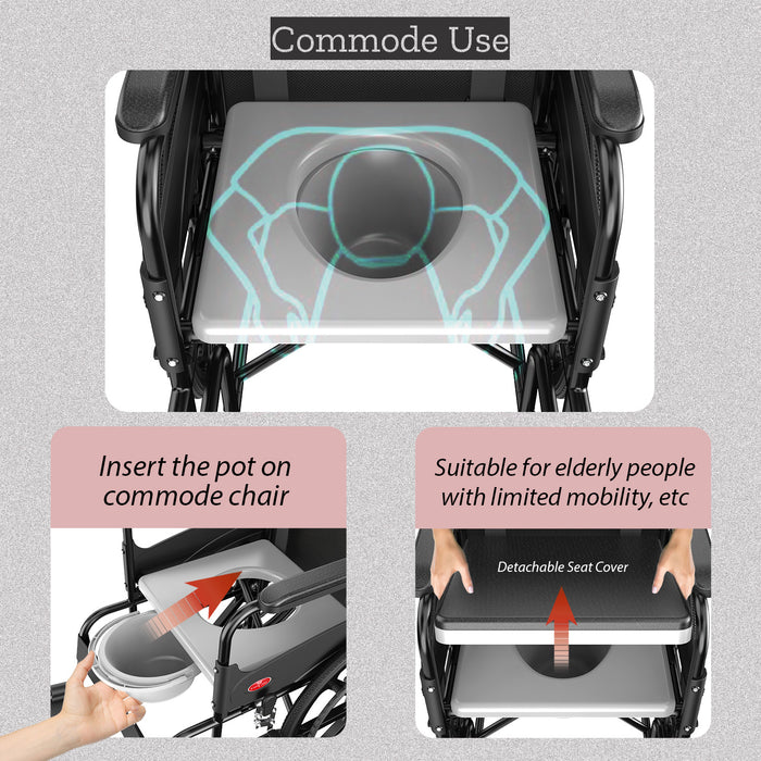 Easycare Commode Wheelchair for Old People and Patient, Suitable for Indoor & Travel-Friendly with Adjustable & Comfort Seat Belt with Footrests, Wheel Chair for Toilet (Commode Wheelchair)