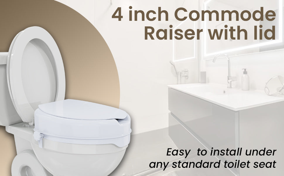 4 inch commode raiser with lid on a toilet, with text indicating ease of installation.