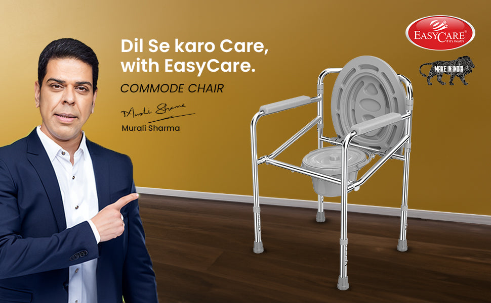 Man pointing to a commode chair with 'EasyCare' branding on a yellow background