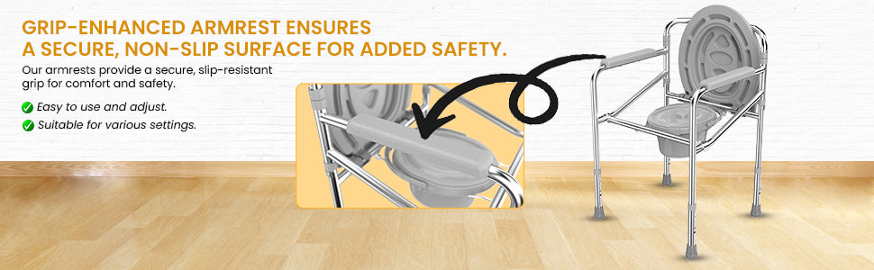 Grip-enhanced armrest with a commode chair on a wooden floor, emphasizing safety and ease of use.