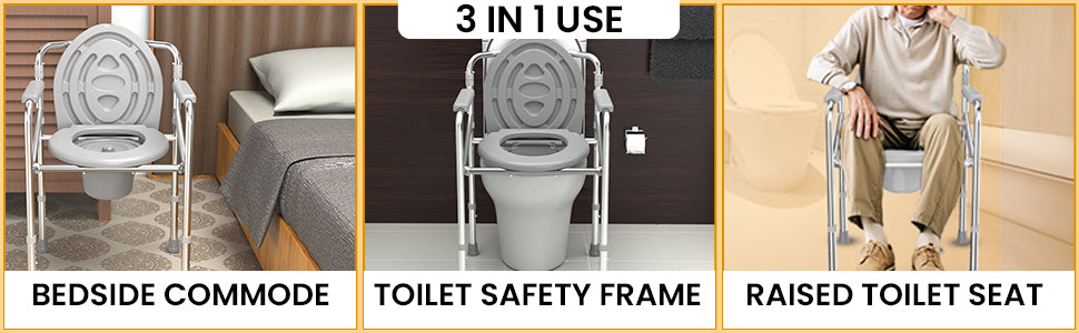 Three images showing a bedside commode, toilet safety frame, and raised toilet seat with text labels.
