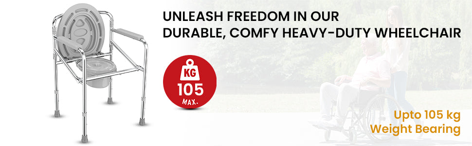 Heavy-duty commode chair with weight capacity label on a light gray background