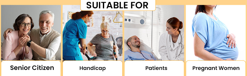 Product suitability for different demographics with images of a couple, elderly person, patient, and pregnant woman.
