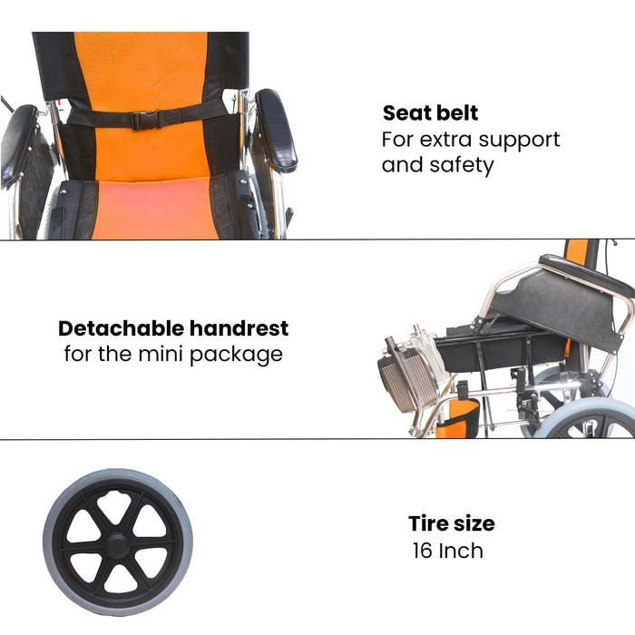 EASYCARE  Portable Aluminum Wheelchair with Locking Hand Brakes, 16” Rear Wheels, Foldable Backrest, Capacity upto 120 Kg