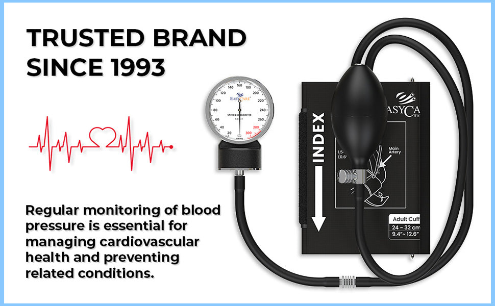 Blood pressure monitor with text about monitoring blood pressure and a trusted brand since 1993.