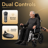 Man using a power wheelchair with dual controls displayed on screen