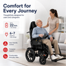 Electric wheelchair with user and caregiver in a home setting, highlighting features and comfort.