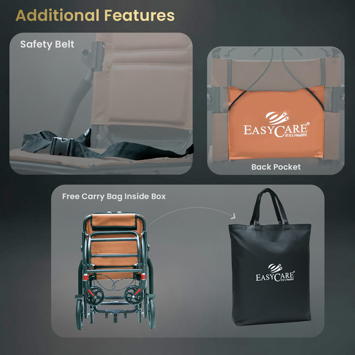 EASYCARE Portable Mild Steel Traveling Wheelchair with 105 kg Weight Capacity, Attendant Brake, Safety Belt, Back Pocket, Carry Bag, and Smooth Mobility for Travel (EC9005)