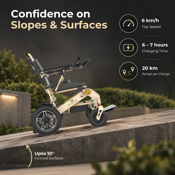 A beige and black electric folding wheelchair shown outdoors on a stone pathway with greenery in the background. Large marketing text on the left reads 'Confidence on Slopes & Surfaces,' and circular callouts on the right list 6 km/h top speed, 6-7 hours charging time, and 20 km range per charge.