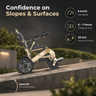 A beige and black electric folding wheelchair shown outdoors on a stone pathway with greenery in the background. Large marketing text on the left reads 'Confidence on Slopes & Surfaces,' and circular callouts on the right list 6 km/h top speed, 6-7 hours charging time, and 20 km range per charge.
