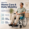 Man using a wheelchair in a home setting with text about home care and daily mobility.