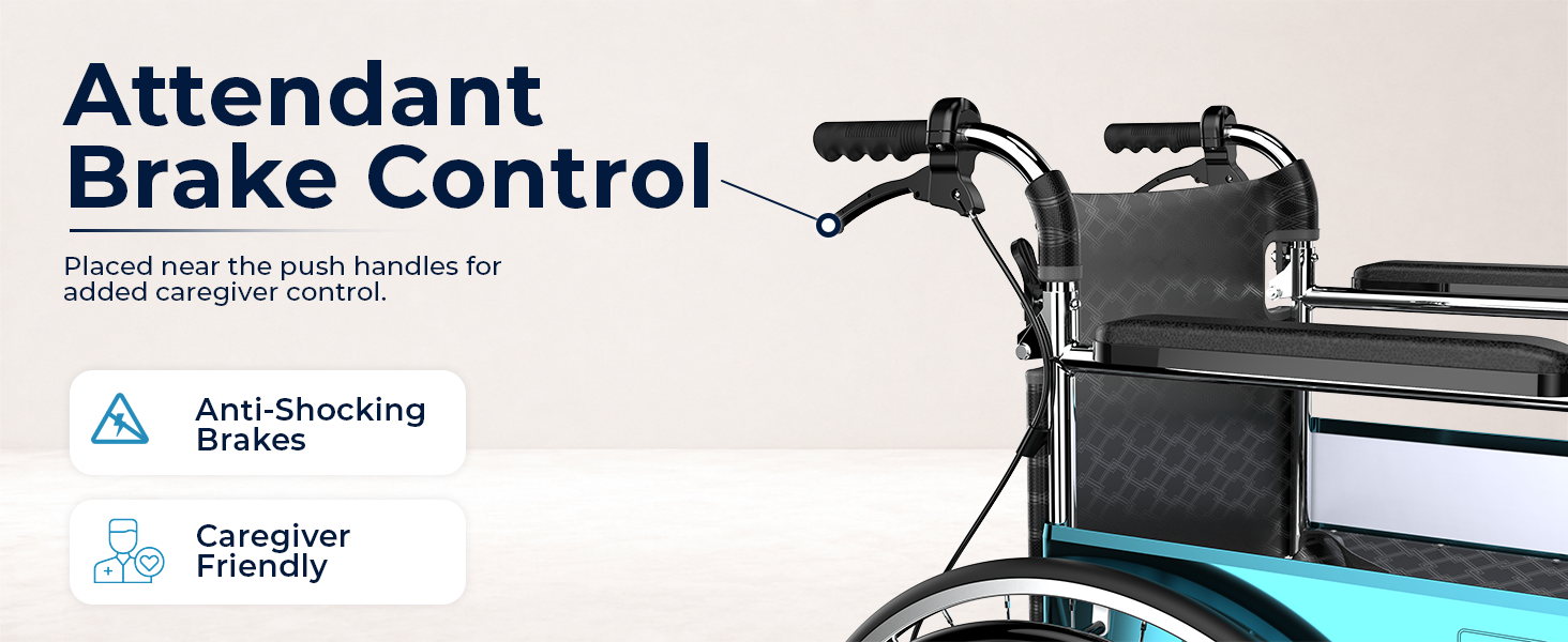 Wheelchair with attendant brake control highlighted on a light background
