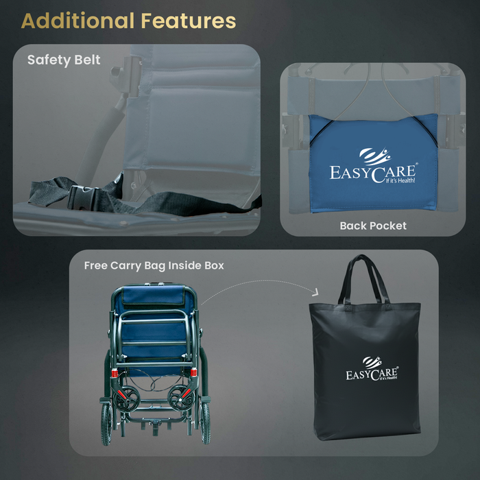 EASYCARE Portable Mild Steel Traveling Wheelchair with 105 kg Weight Capacity, Attendant Brake, Safety Belt, Back Pocket, Carry Bag, and Smooth Mobility for Travel (EC9005)