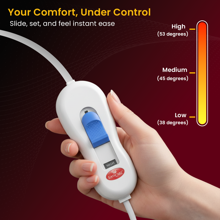 Hand holding a control device of heating pad with temperature settings on a dark background