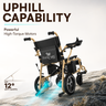 Electric wheelchair with 'Uphill Capability' text and EasyCare branding on a rocky surface.