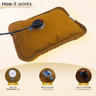Heating pad with charging cable on a beige background, showing steps to use it.