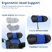 Ergonomic head support with quick adjust mechanism, easily detachable design, and padded headrest on a white background.