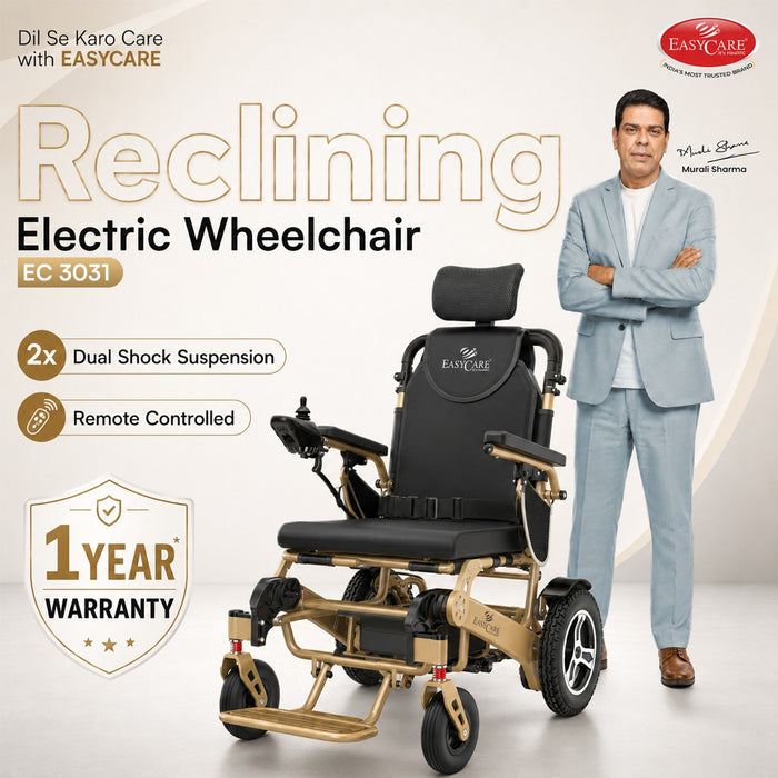 EasyCare Electric Wheelchair with Reclining Backrest, Dual Motor, Remote & Joystick Control, Aluminium Frame, Lithium Battery, 120 kg Capacity (Indoor & Outdoor Use) with 1 Year Warranty*