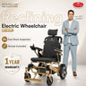 Reclining electric wheelchair with EASYCARE branding and features highlighted on a white background.