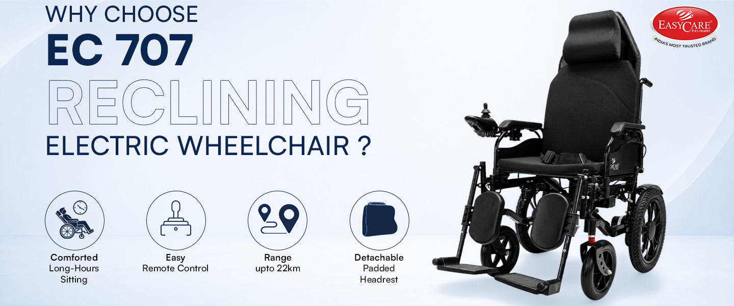 Reclining electric wheelchair with features listed on a light blue background