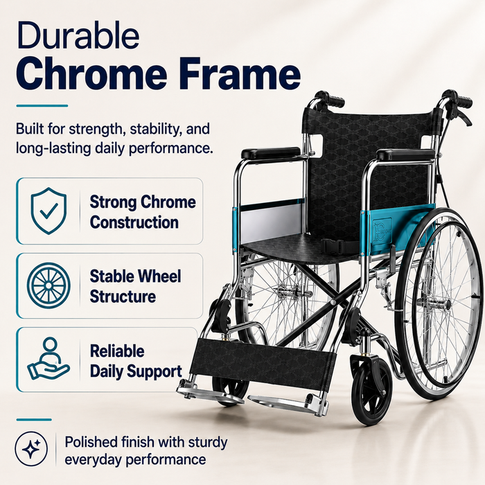 Wheelchair with durable chrome frame features on a white background