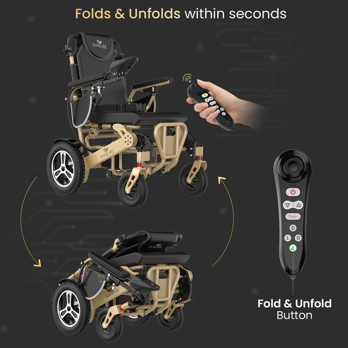 Foldable electric wheelchair with remote control on a dark background