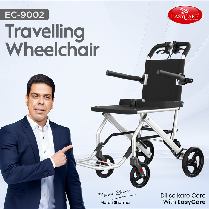 Portable Lightweight Traveling Wheelchair (8kg) with Attendant Brake & Carry Bag | Travel-Friendly, Indoor Use | 100kg Capacity, Adjustable Seat Belt, United Brake – Ideal for Elderly, Patients & Home Use (EC9002)