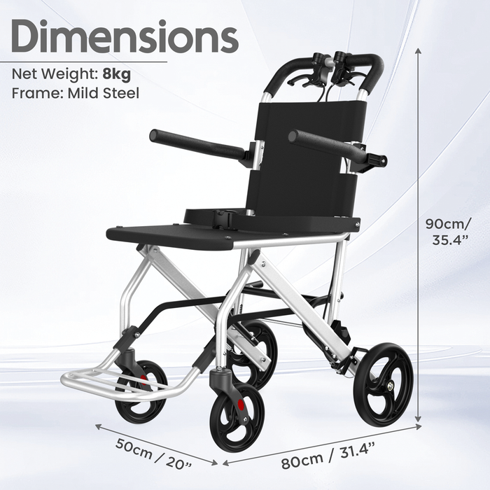 Portable Lightweight Traveling Wheelchair (8kg) with Attendant Brake & Carry Bag | Travel-Friendly, Indoor Use | 100kg Capacity, Adjustable Seat Belt, United Brake – Ideal for Elderly, Patients & Home Use (EC9002)