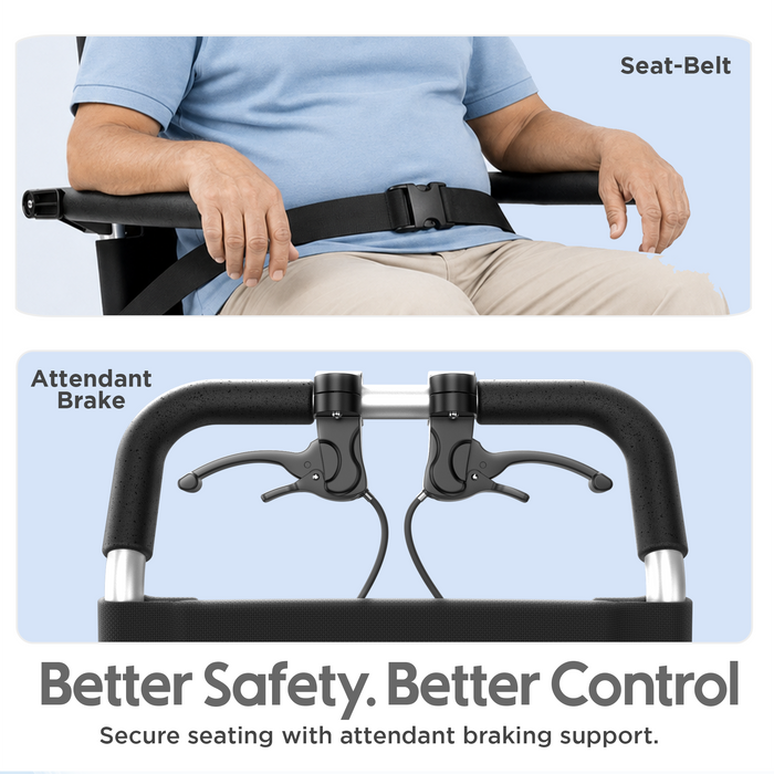 Portable Lightweight Traveling Wheelchair (8kg) with Attendant Brake & Carry Bag | Travel-Friendly, Indoor Use | 100kg Capacity, Adjustable Seat Belt, United Brake – Ideal for Elderly, Patients & Home Use (EC9002)