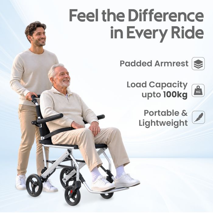 Portable Lightweight Traveling Wheelchair (8kg) with Attendant Brake & Carry Bag | Travel-Friendly, Indoor Use | 100kg Capacity, Adjustable Seat Belt, United Brake – Ideal for Elderly, Patients & Home Use (EC9002)