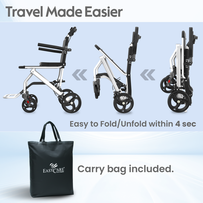 Portable Lightweight Traveling Wheelchair (8kg) with Attendant Brake & Carry Bag | Travel-Friendly, Indoor Use | 100kg Capacity, Adjustable Seat Belt, United Brake – Ideal for Elderly, Patients & Home Use (EC9002)