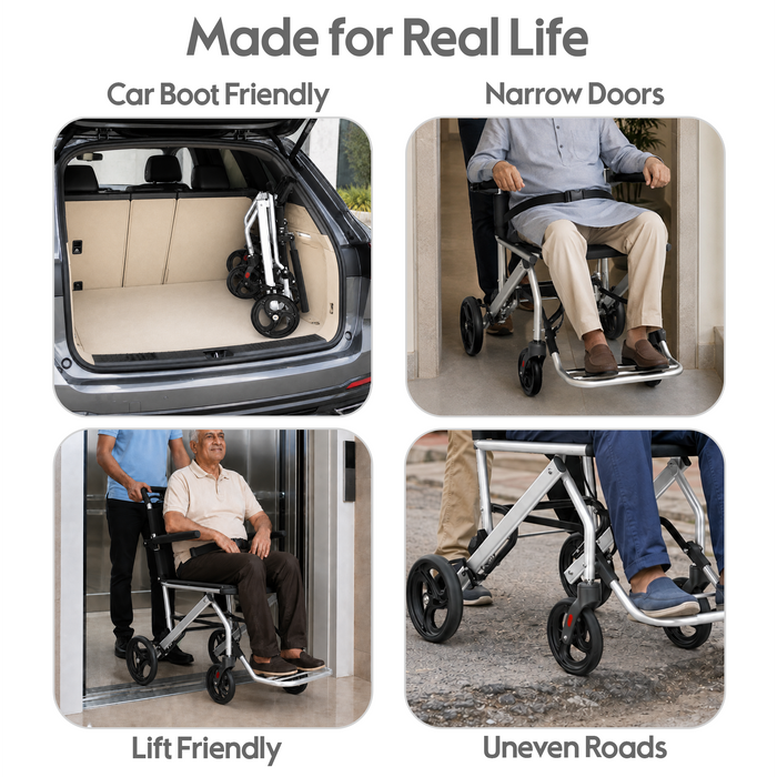 Portable Lightweight Traveling Wheelchair (8kg) with Attendant Brake & Carry Bag | Travel-Friendly, Indoor Use | 100kg Capacity, Adjustable Seat Belt, United Brake – Ideal for Elderly, Patients & Home Use (EC9002)