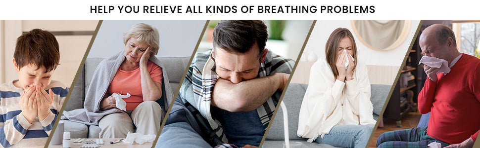 Collage of people experiencing breathing problems with text claiming relief from all kinds of breathing issues.
