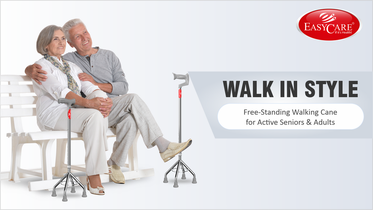 Advertisement for EASYCARE walking canes with an elderly couple sitting on a bench.