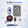 In-box contents layout for the EASYCARE AC 230 V Pulse Oximeter kit, featuring a pulse oximeter, premium tin box, protective carry case, two AAA batteries, and a user manual on a light blue background.