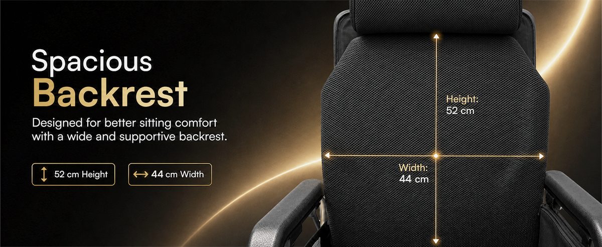 Black electric wheelchair chair backrest with measurements on a dark background