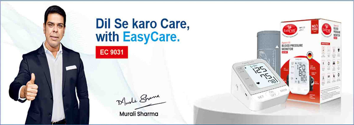 Advertisement featuring a man in a suit with bp monitor and EasyCare branding.