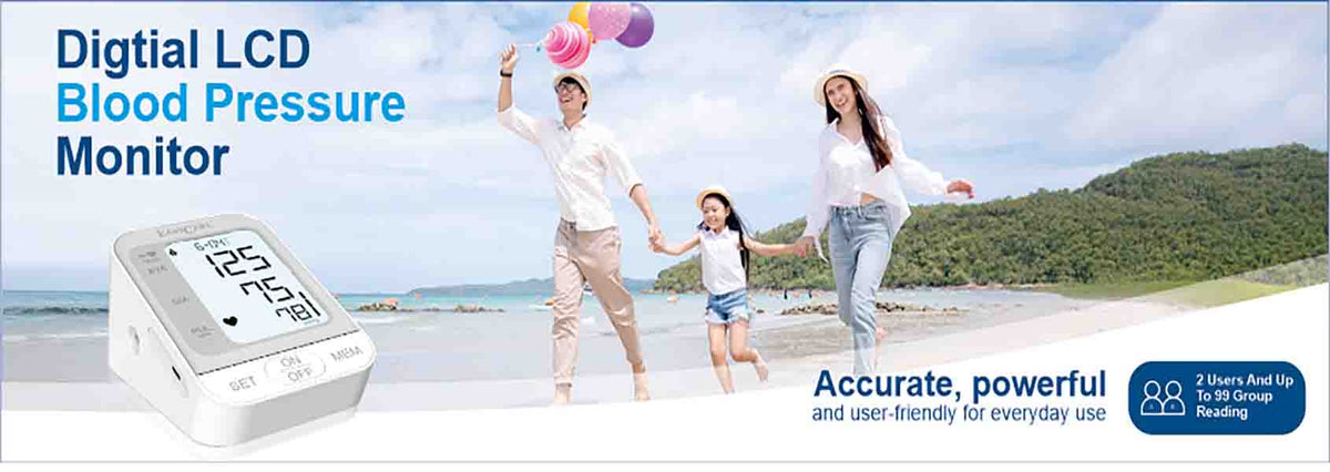 Digital LCD Blood Pressure Monitor with a family walking on a beach