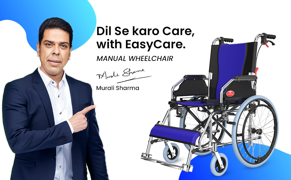 Man pointing to a manual wheelchair with 'EasyCare' branding and a person in a suit.