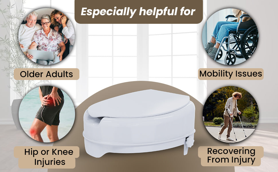 Product advertisement with text highlighting uses for a commode riser with seat cover, including older adults, mobility issues, hip or knee injuries, and recovering from injury.