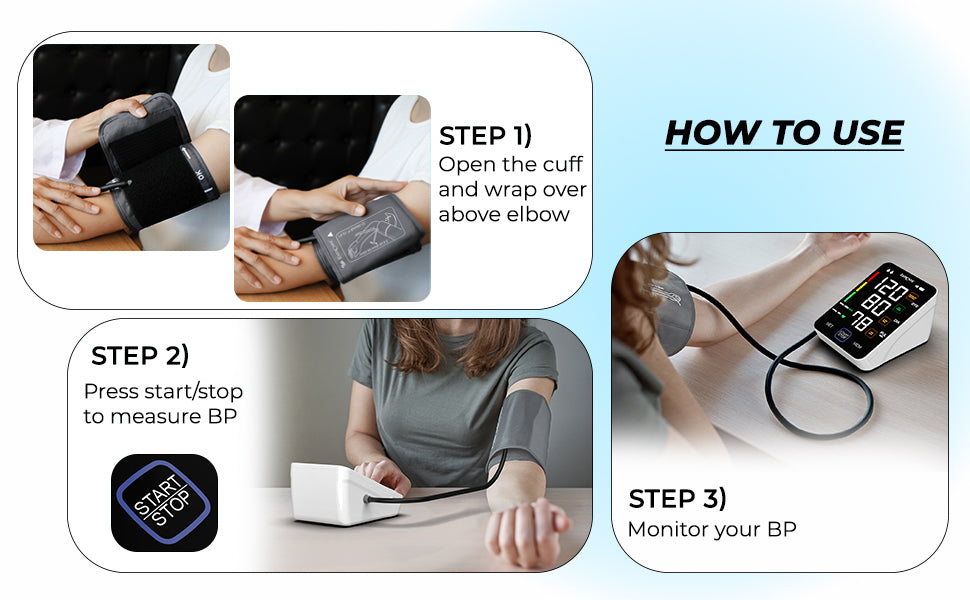 Instructions on how to use a blood pressure monitor with step-by-step visuals.