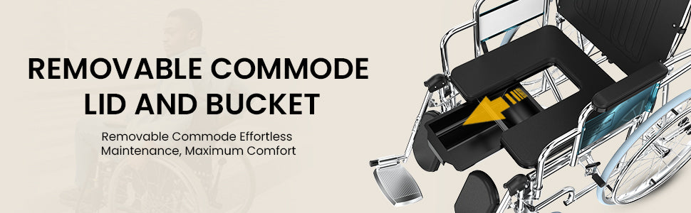 Wheelchair with detachable commode lid and bucket on a beige background