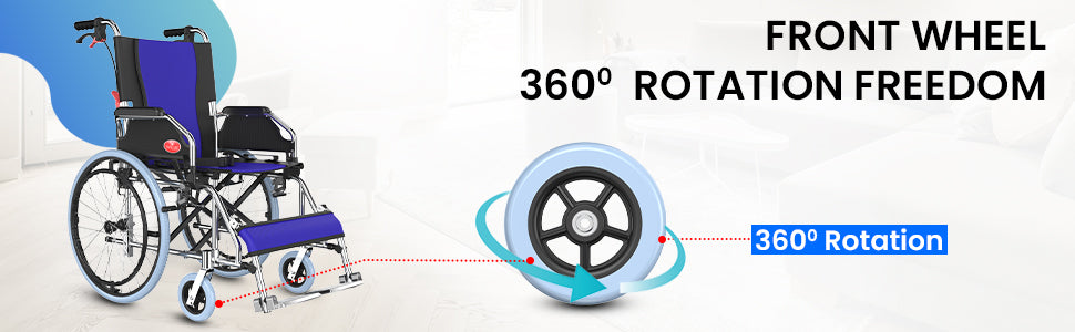Wheelchair with front wheel 360-degree rotation feature on a white background