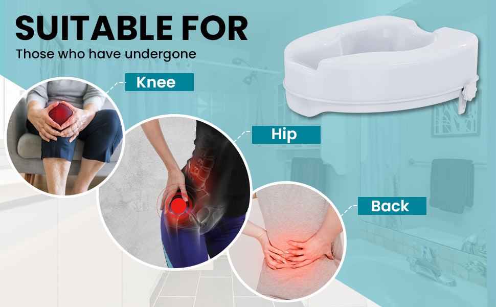 commode riser for knee, hip, and back pain with images of people holding sore joints on a blue background.