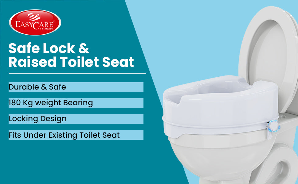 Easycare safe lock and commode riser with product features on a blue background