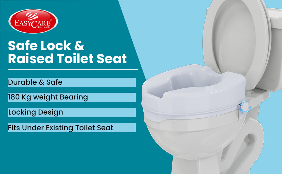 EasilyCare safe lock and commode riser seat with product features on a blue background