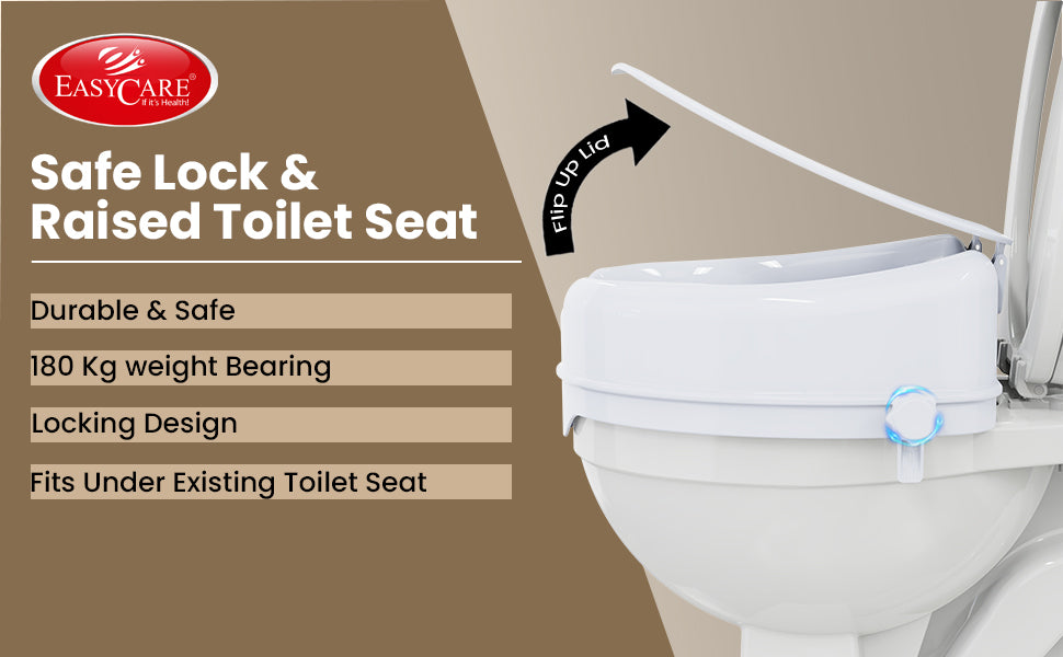 EasyCare safe lock commode riser with seat cover, features listed on a brown background