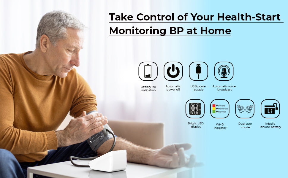Man using a blood pressure monitor with text promoting home BP monitoring.