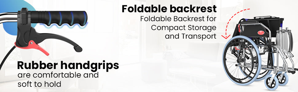 Wheelchair features with rubber handgrips and a foldable backrest on a white background