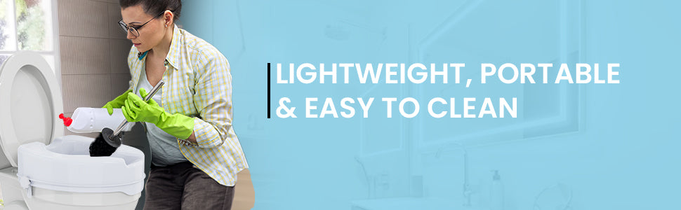 Person cleaning a commode riser with text about product features on a blue background